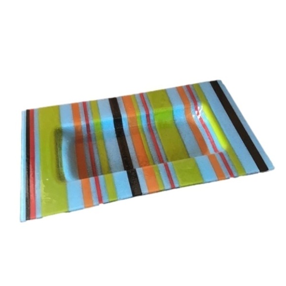 Art Fused Glass Colorful Striped Rectangular Dish - Picture 1 of 5